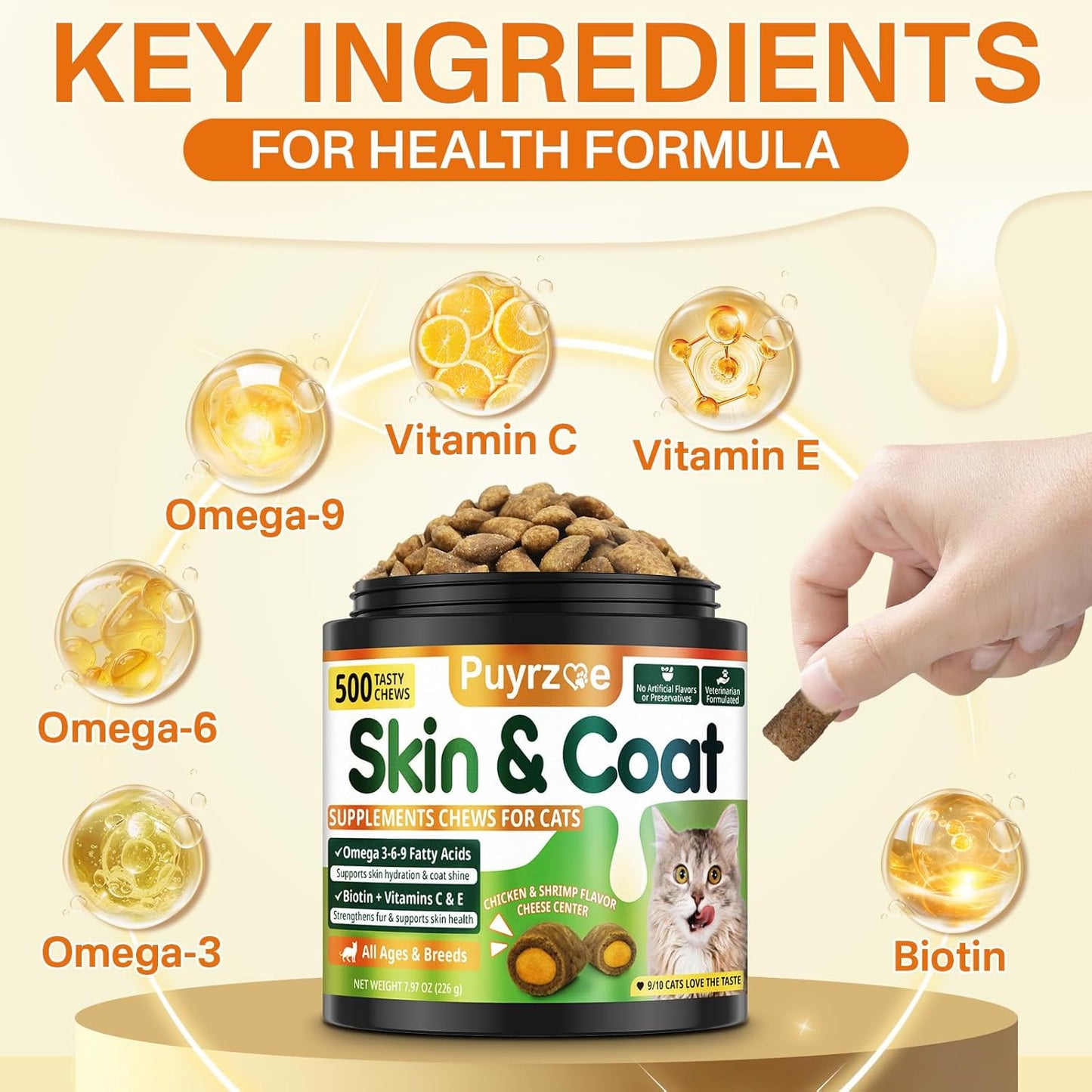 Cat Skin & Coat + Multivitamin - 500 Chews Crunchy & Creamy Cheese Core with Omega-3, Vitamins C & E, Biotin for Healthy Coat - Immune,Eye, Brain, and Bone Support for All Cats