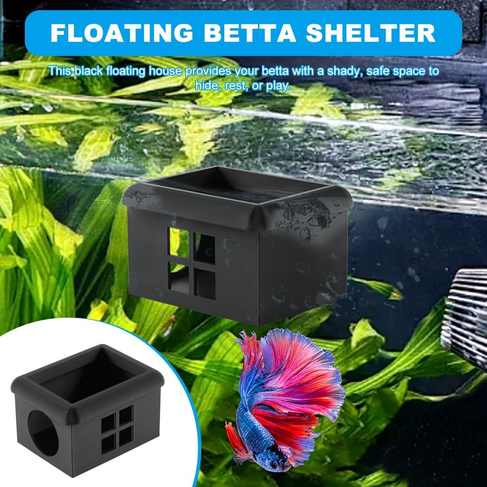 Floating Bettas Fish Hideout with Window 3D Fish Breeding Box & Shelter Floating Feeding Plat-Form for Bettas Tanks Rest Cave for Small Aquariums(Color:Black)