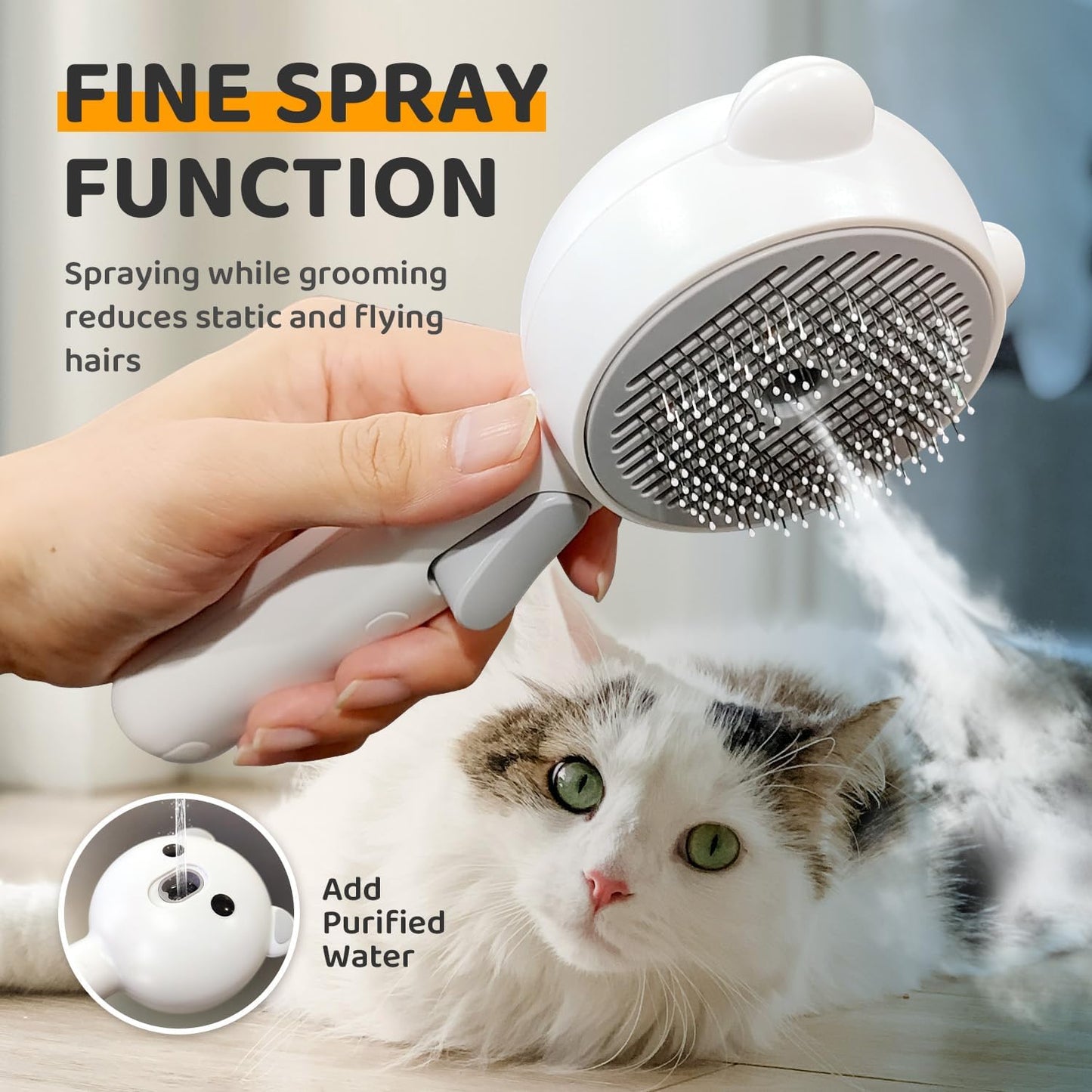 Cat Steam Brush, Self Cleaning Pet Spray Hair Removal Comb with Release Button, 3 in 1 Cat Brush for Indoor Cats for Shedding, Waterproof Pet Grooming Brushes for Long Short Haired Dogs Cats