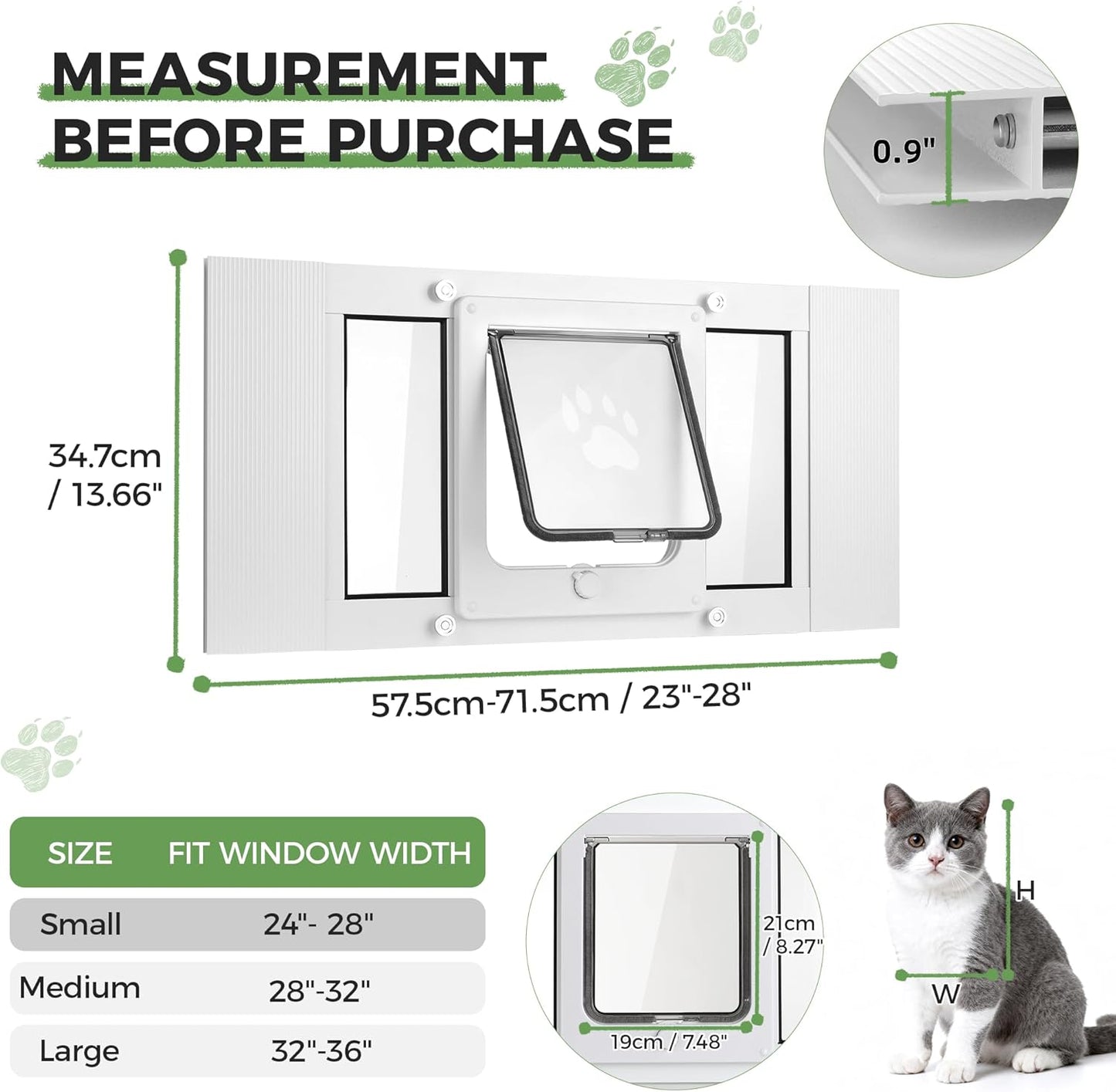Slevoo Cat Door for Window Adjustable Fits 23" to 28" Sliding Windows, Energy-Saving High-Seal Window Pet Door with 4 Lock Modes, Tool-Free Install, Heavy-Duty Aluminum Frame, Multi-Pet Compatible