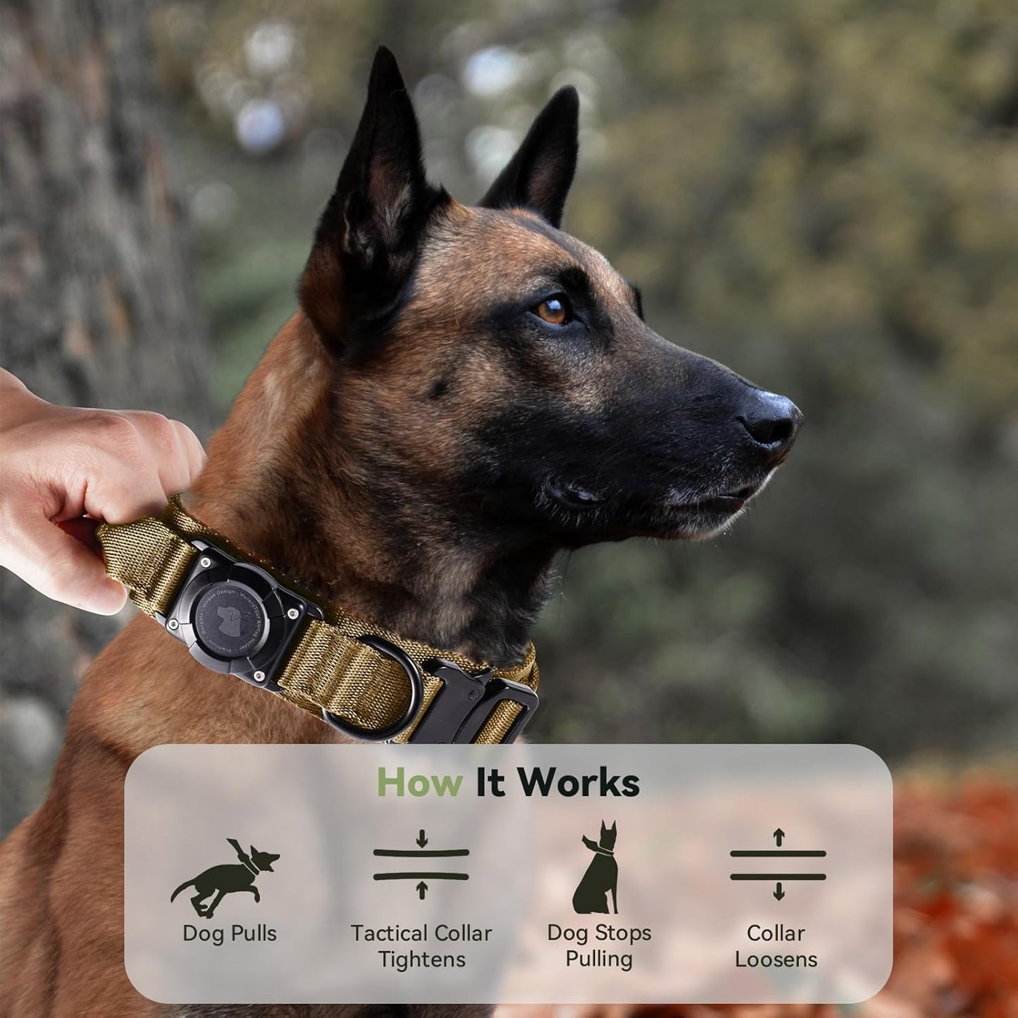 2025 Upgrade Waterproof AirTag Dog Collar, Military Tactical Dog Collar with AirTag Holder, Comfortable Control Handle and Metal Buckle, GPS Dog Collar Holder for Medium to Large Dogs (Khaki,L)