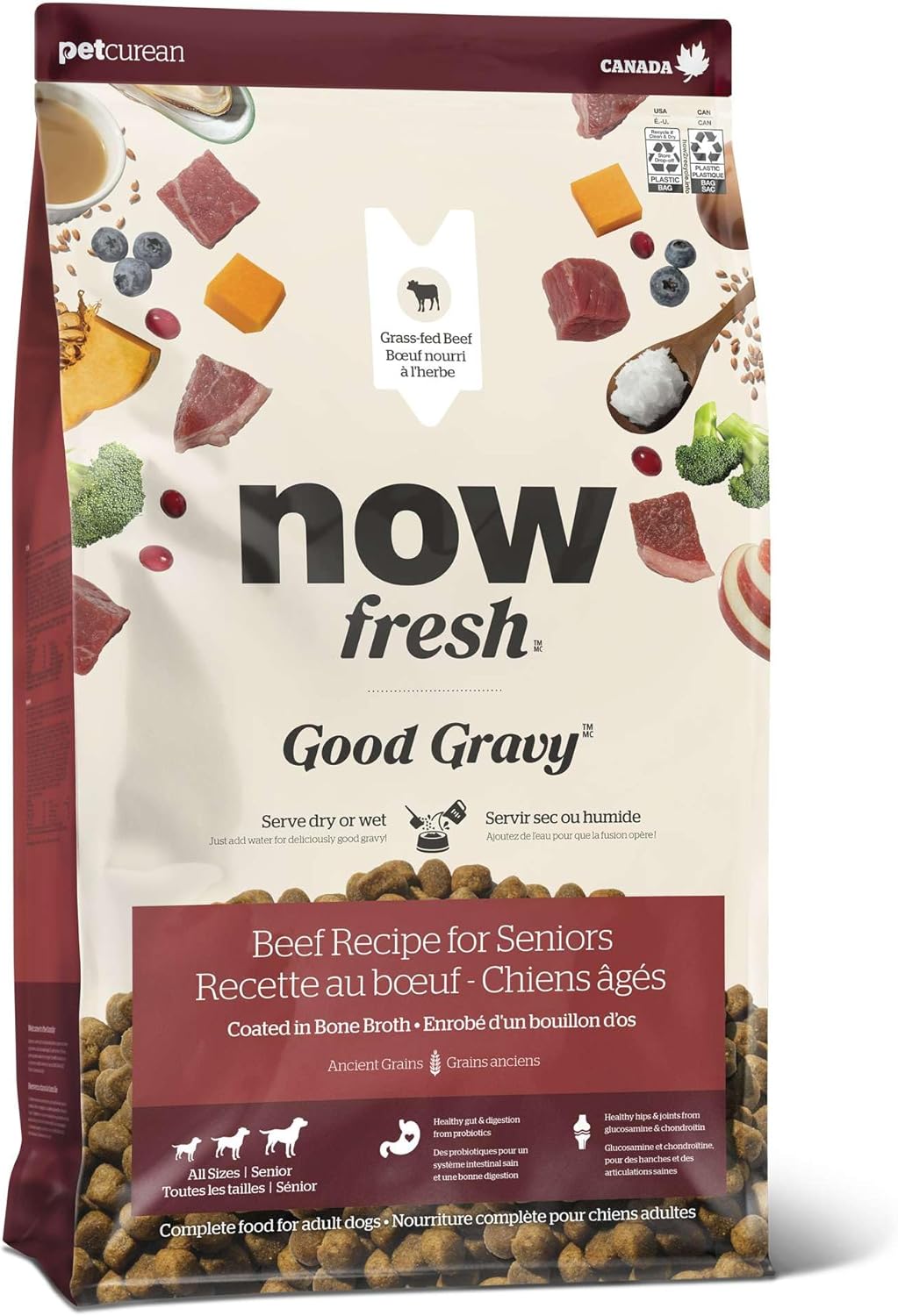 Now Fresh Good Gravy Premium Dry Senior Dog Food with Grass-Fed Beef & Ancient Grains, Healthy Kibble Coated in Bone Broth – Just Add Water to Moisten, Made with Real Red Meat, 3.5 lb Bag