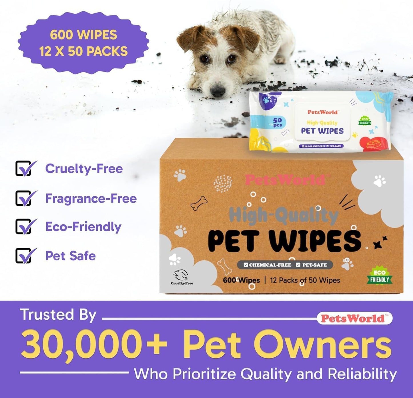 PETSWORLD Pet Wipes for Dogs & Cats, Unscented, Hypoallergenic, Chemical-Free, Biodegradable (98%), Thick & Durable, Textured Grooming Wipes (Unscented, 50 Count)