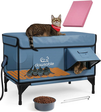 Heated Cat House for Outside Foam Board, Extremely Insulated Outdoor Cat House Escape Door, Weatherproof & Waterproof Awning, Elevated Feral Animal Shelter for Winter