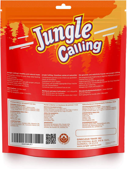 Jungle Calling Rawhide Free Treats for Dogs, Chicken Wrapped Cod Sticks Dog Treats, Soft Chewy Snacks for Training Rewards, 10.6 oz (Chicken)