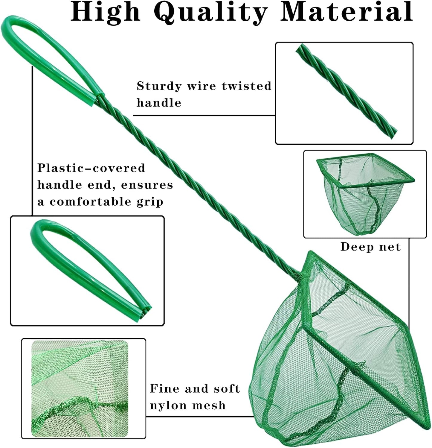 5 Pack Aquarium Fish Net, Multi-Size Fine Quick Fish Catch Nets Nylon Fishing Mesh Nets with Long Plastic Handle for Fish Tank - Green (3in, 4in, 5in, 6in, 6in)