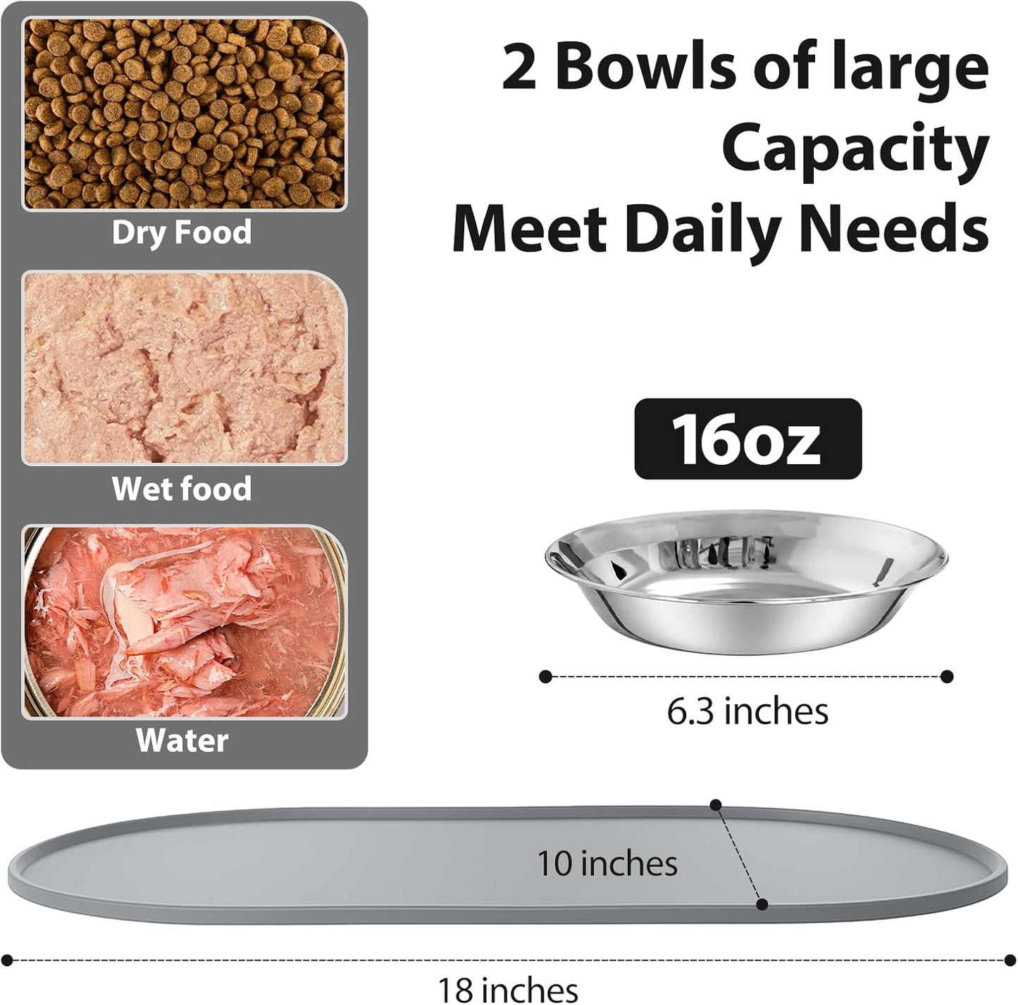 3-Pack Cat Bowls with Food Mat,6.3 Inches Stainless Steel Cat Food Bowl,Wide Tapered Design Whisker-Friendly Food and Water Bowl for Feeding Dogs and Cats,Dishwasher Safe,SUS 316