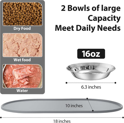 3-Pack Cat Bowls with Food Mat,6.3 Inches Stainless Steel Cat Food Bowl,Wide Tapered Design Whisker-Friendly Food and Water Bowl for Feeding Dogs and Cats,Dishwasher Safe,SUS 316