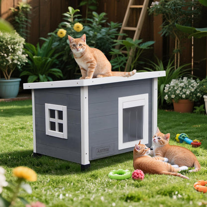Outdoor Wooden Pet House, Weatherproof Winter Shelter for рuррy and Cats, Elevated Design with Window (Gray)