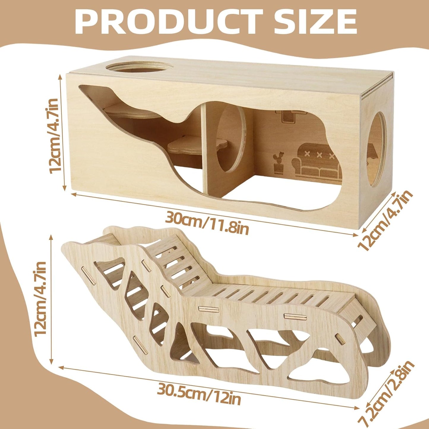 2Pcs Hamster House and Tunnel, Wooden Exploring Tunnel with Ladder, Small Animal Playground Exploring Toys for Syrian Dwarf Hamsters Gerbils Guinea Pig