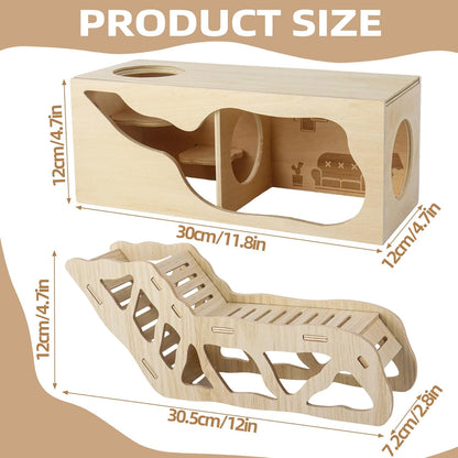 2Pcs Hamster House and Tunnel, Wooden Exploring Tunnel with Ladder, Small Animal Playground Exploring Toys for Syrian Dwarf Hamsters Gerbils Guinea Pig