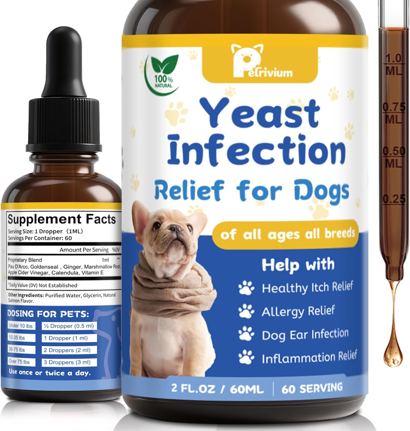 Yeast Infection Treatment for Dog, Natural Dog Yeast Infection Relief for Itchy Skin & Ear - Allergy & Paw Itching, Soothes Irritation & Reduces Inflammation Herbal Dog Supplement Drops