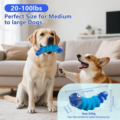 Caterpillar Indestructible Dog Toys for Aggressive Chewers, Tough Chew Proof Toy for Large Dogs, Squeaky Rubber Chew Toy with Beef Flavor for Boredom & Anxiety Relief (Blue)