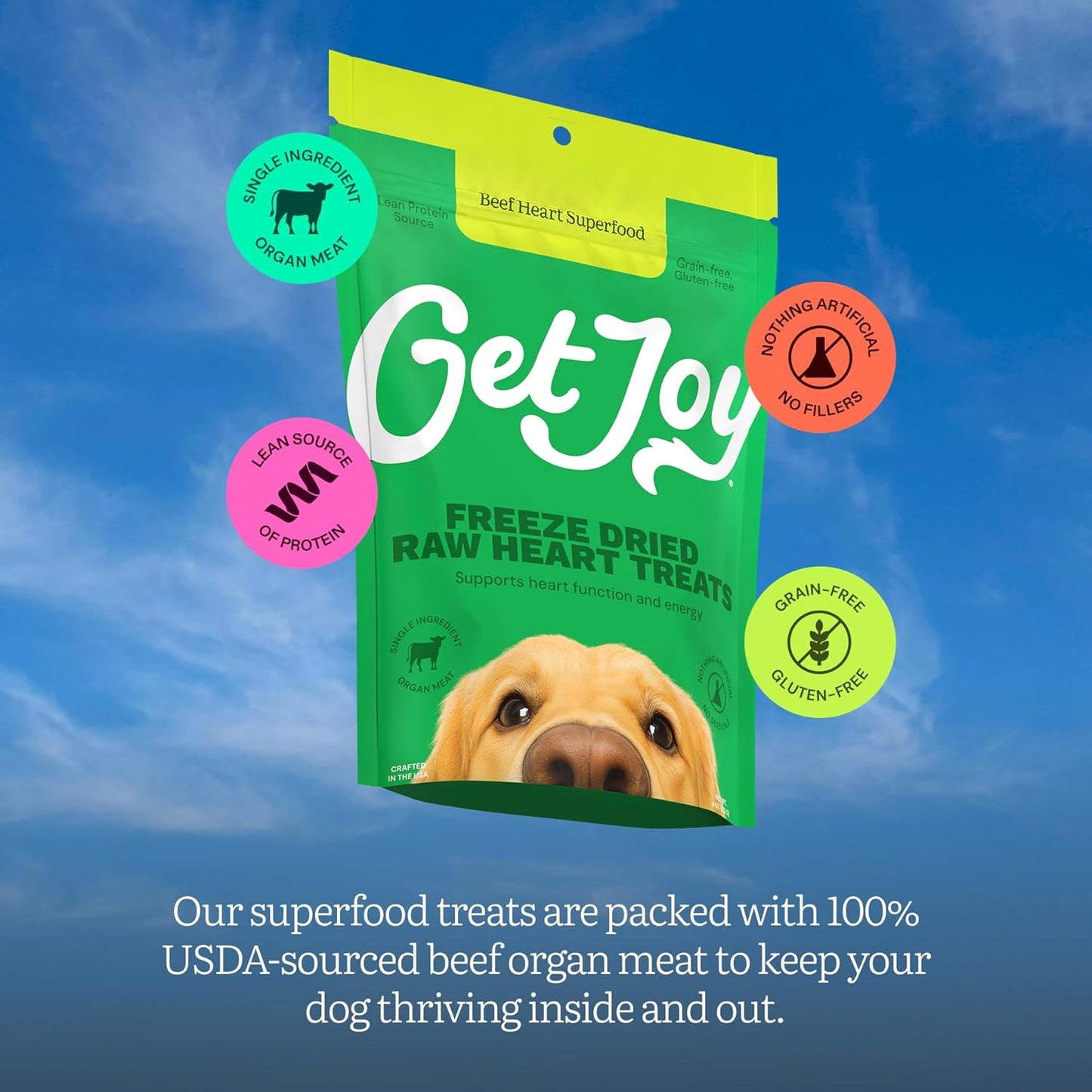 Get Joy Freeze Dried 100% Beef Heart Dog Treats, 4oz | Single Ingredient Organ Meat, High Protein Raw Dog Food Topper, Snack & Training Rewards | Grain Free, Gluten Free, Filler Free