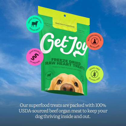 Get Joy Freeze Dried 100% Beef Heart Dog Treats, 4oz | Single Ingredient Organ Meat, High Protein Raw Dog Food Topper, Snack & Training Rewards | Grain Free, Gluten Free, Filler Free