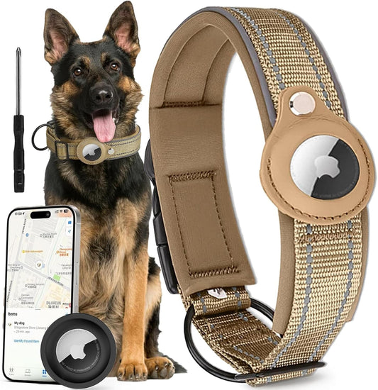 Ericfavre Airtag Dog Collar, Reflective Dog Collar with Airtag Holder, Comfortable Padded and Adjustable Airtag Dog Tracking Collar with Airtag Dog Collar Holder for Small Medium Large Dog (Beige, S)