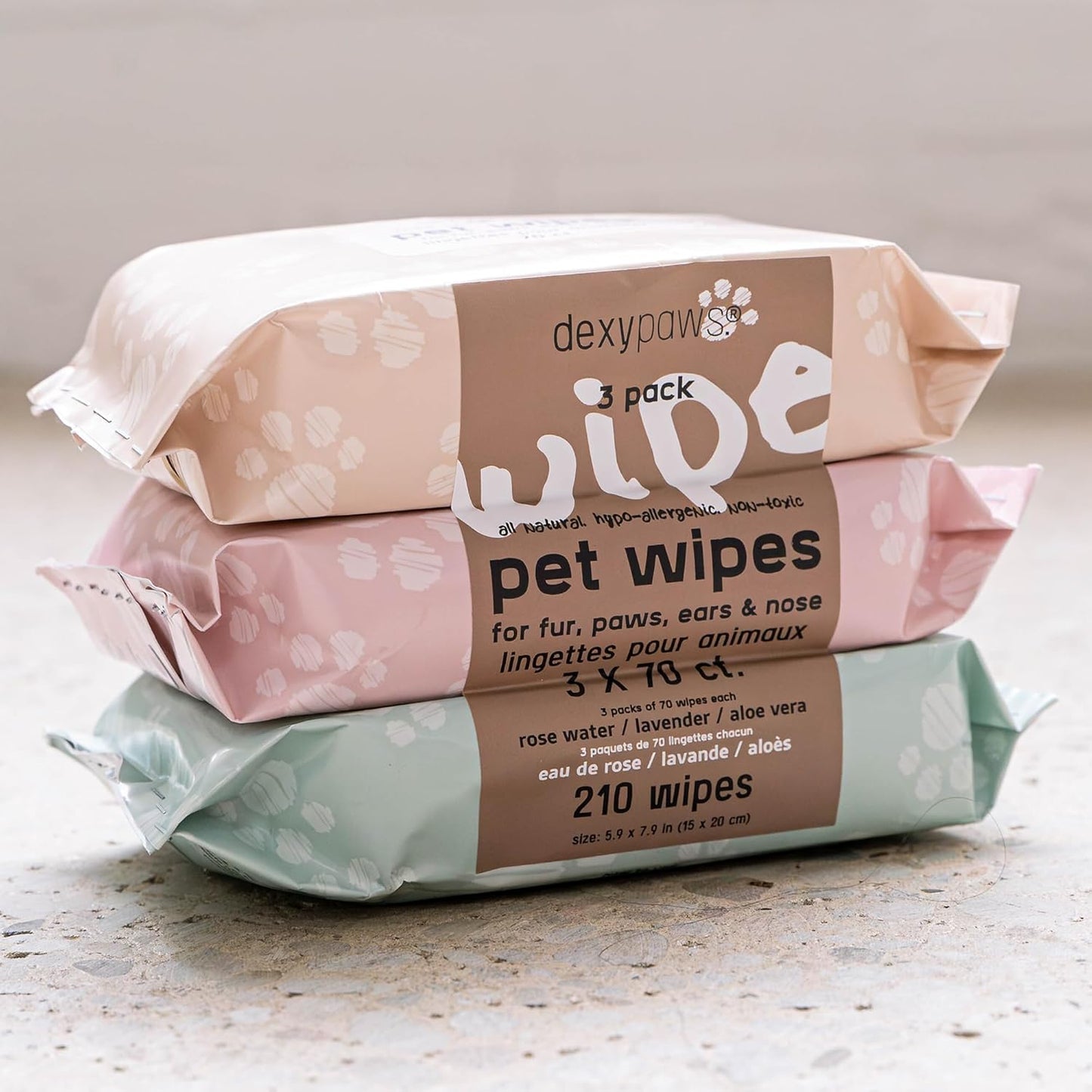 Pet Cleansing Wipes - 3 Packs (70ct Each) - Aloe-Lavender-Rose Water - Wet Wipes for Dogs & Cats, Fur-Paws-Face, Natural Pet Safe Grooming