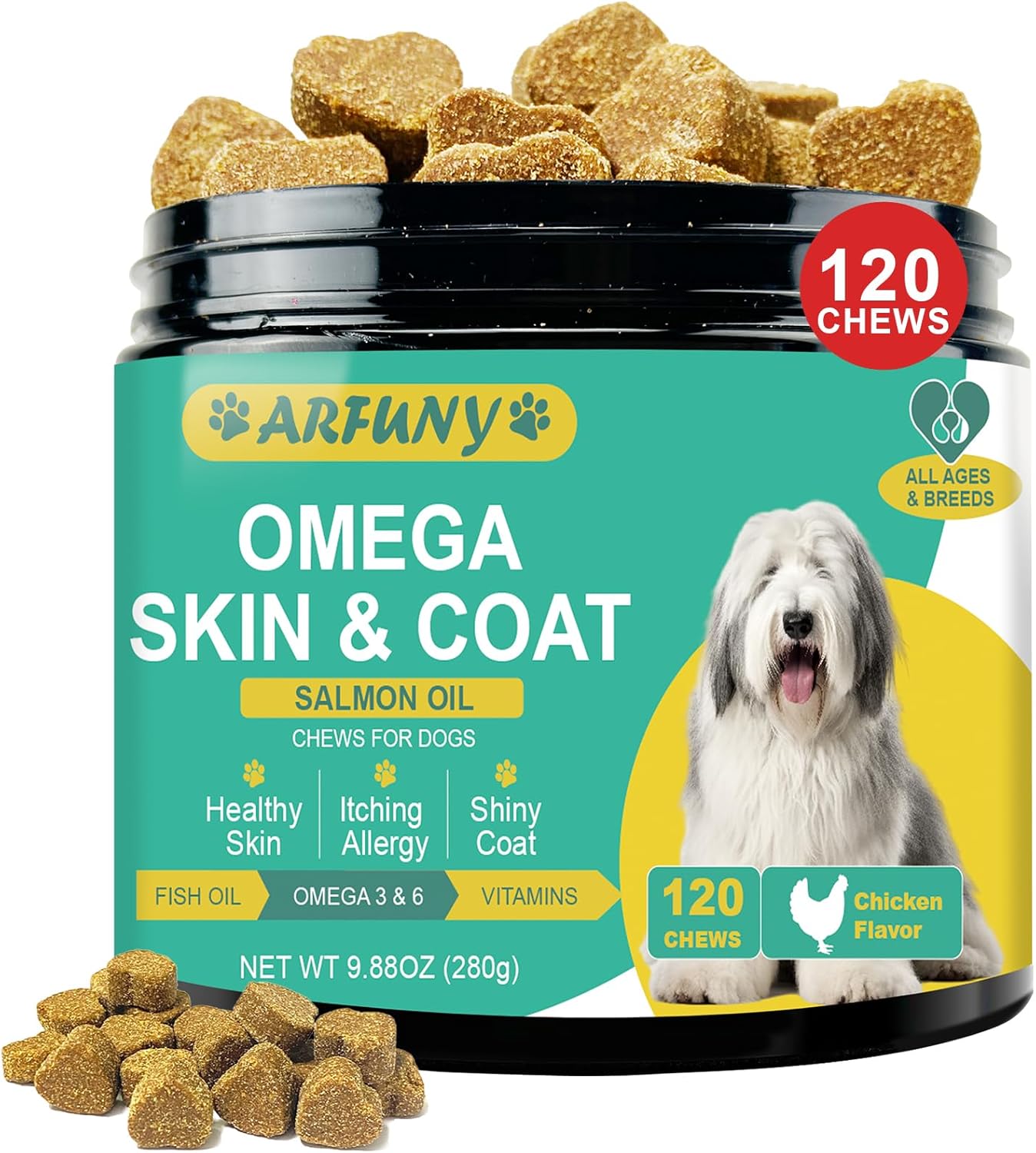 Omega 3 for Dogs - Dog Skin and Coat Supplement with EPA & DHA Fatty Acids- Fish Oil Chews with Salmon Oil & Vitamins - Itchy, Dry & Shedding Skin Relief- Chicken Flavor, 120 Chews
