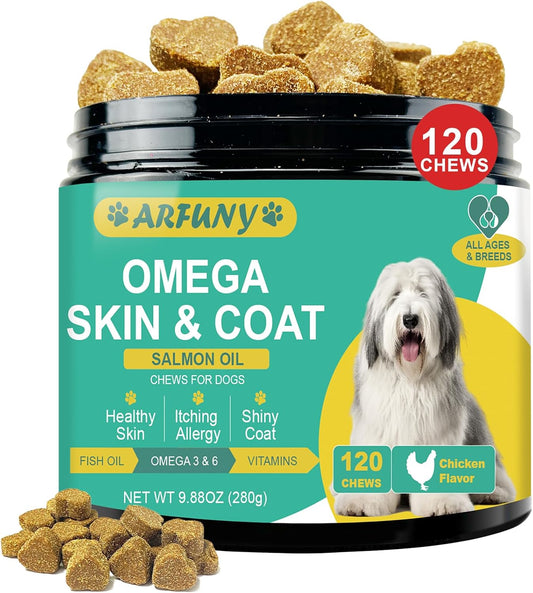Omega 3 for Dogs - Dog Skin and Coat Supplement with EPA & DHA Fatty Acids- Fish Oil Chews with Salmon Oil & Vitamins - Itchy, Dry & Shedding Skin Relief- Chicken Flavor, 120 Chews