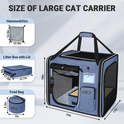 Petskd Combinable Large Cat Carrier with Litter Box for Car Travel, 19"x17"x18" Portable Soft Pet Carrier for 2 Small Cats with Safty Zipper Locks for Vet