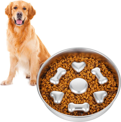 1 Pc Slow Feeder Dog Bowls, 304 Stainless Steel Slow Feeder Bowl 4 Cups Metal Pet Food Bowl with Non-Slip Base for Medium & Large Breed, Dishwasher Safe