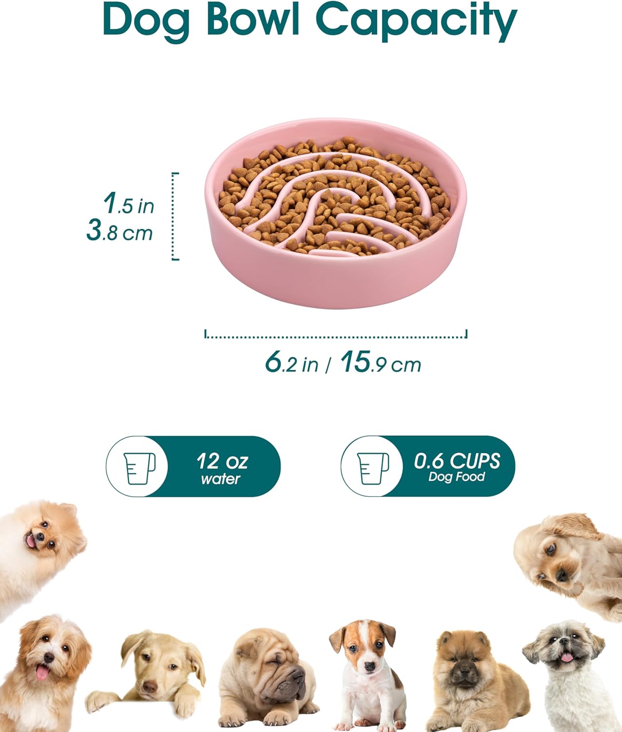 vancasso Slow Feeder Dog Bowl, 0.6 Cup Ceramic Slow Feeding Food Dish for Small Breed, Puzzle Dog Food Bowl for Fast Eater, Pink