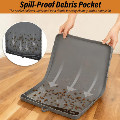 Dog Food Mat 20" x 15", Waterproof Silicone Pet Feeding Mat with Raised Edge & Residue Pocket, Non-Slip Bowl Mat for Dog Cat Food and Water, Easy to Clean Floor Protector