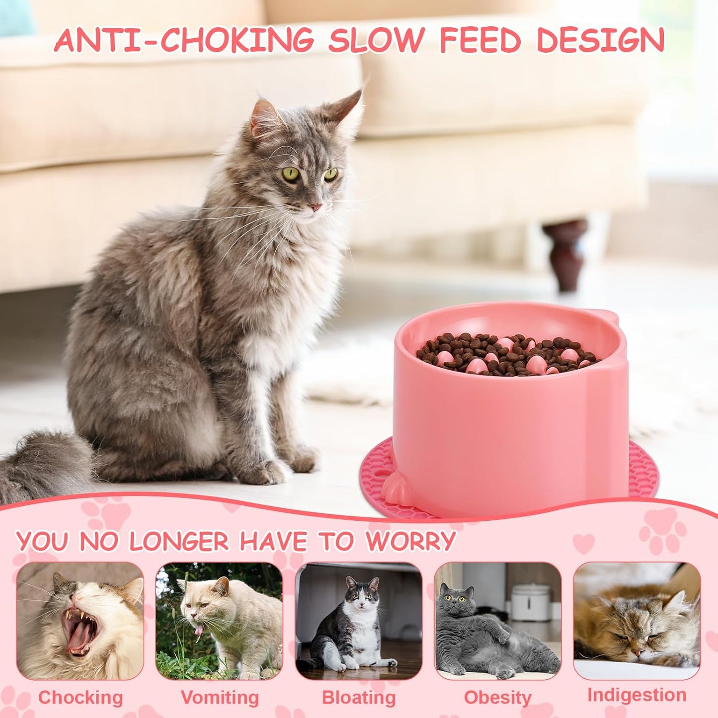 2 Pcs Raised Slow Feeder Cat Bowl, Plastic Elevated Cat Slow Feeder Bowl with Anti-Skid Mat, Raised Slow Cat Feeder for Dry and Wet Food (Green＆Pink)