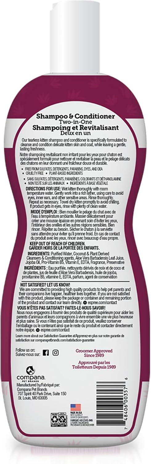 Espree Gentle Fresh Kitten Shampoo & Conditioner, Tearless Formula with Aloe Vera, Sulfate-Free, Paraben-Free, Harsh Chemical and Dye-Free, Safe for Sensitive Skin, 12oz