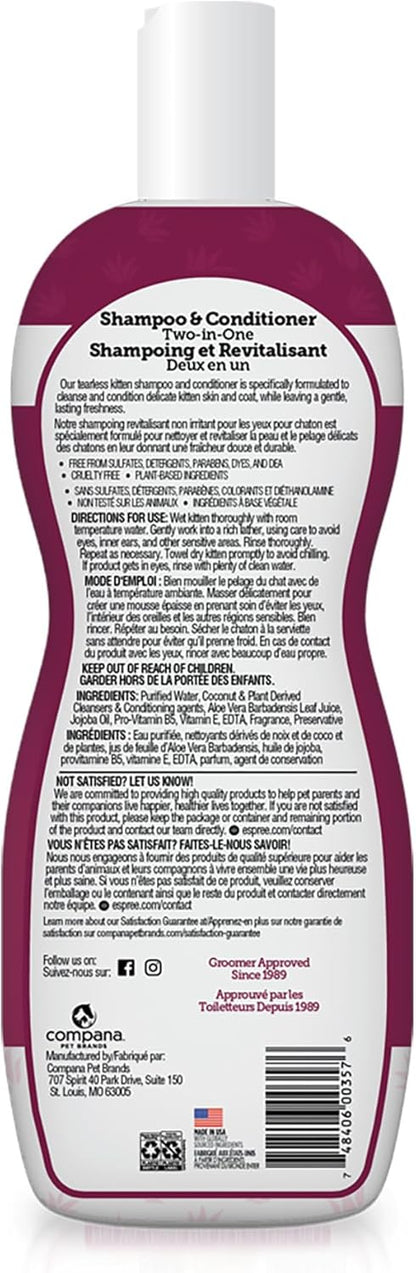 Espree Gentle Fresh Kitten Shampoo & Conditioner, Tearless Formula with Aloe Vera, Sulfate-Free, Paraben-Free, Harsh Chemical and Dye-Free, Safe for Sensitive Skin, 12oz