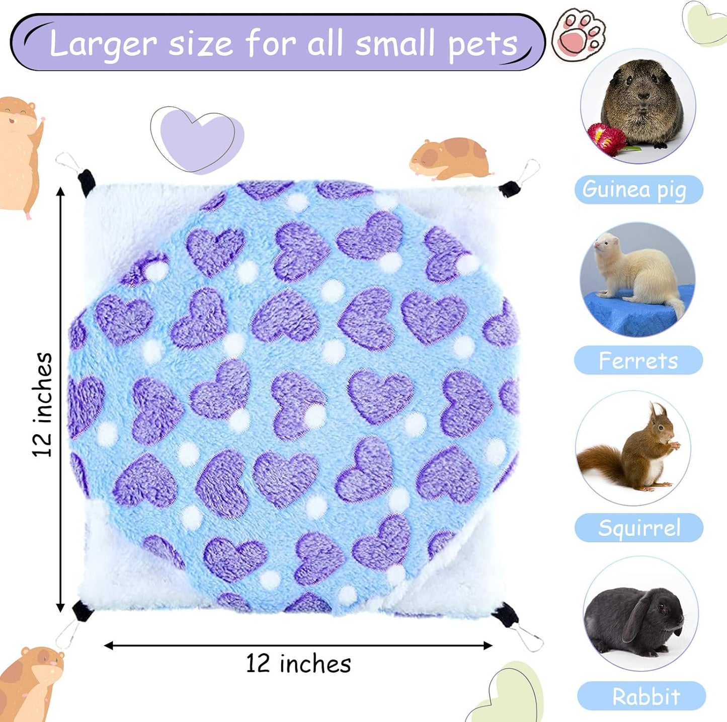 BOAO 2 Pcs Guinea Pig Rat Hammock Guinea Pig Hamster Ferret Hanging Hammock Accessories for Small Animals Chinchilla Parrot Sugar Glider Ferret Squirrel (Purple, Coffee Color, Heart Pattern)
