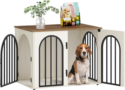 31.5'' Wooden Dog Crate Furniture, Indoor Dog Kennel Dogs Cage for Small/Medium Dogs, Heavy Duty Dog Crates Decorative Pet House End Side Table TV Stand, White Brown DFC85114B