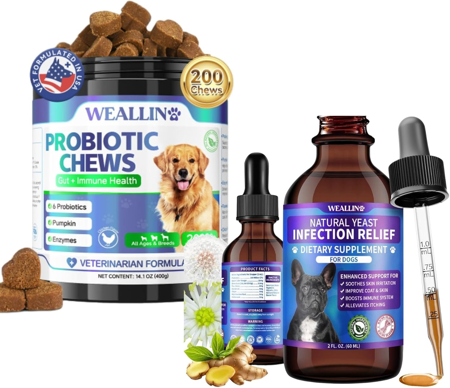 Dog Probiotic Chews + Yeast Infection Relief Drops Bundle – Gut & Yeast Balance Support | Promotes Healthy Digestion, Skin & Ear Wellness