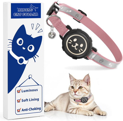 AirTag Cat Collar Non Breakaway, Reflective GPS Cat Collar Adjustable with Bell and Safety Elastic Strap for Kittens, Lightweight Cat Airtag Collar for Girl Boy Cats(Pink, L)