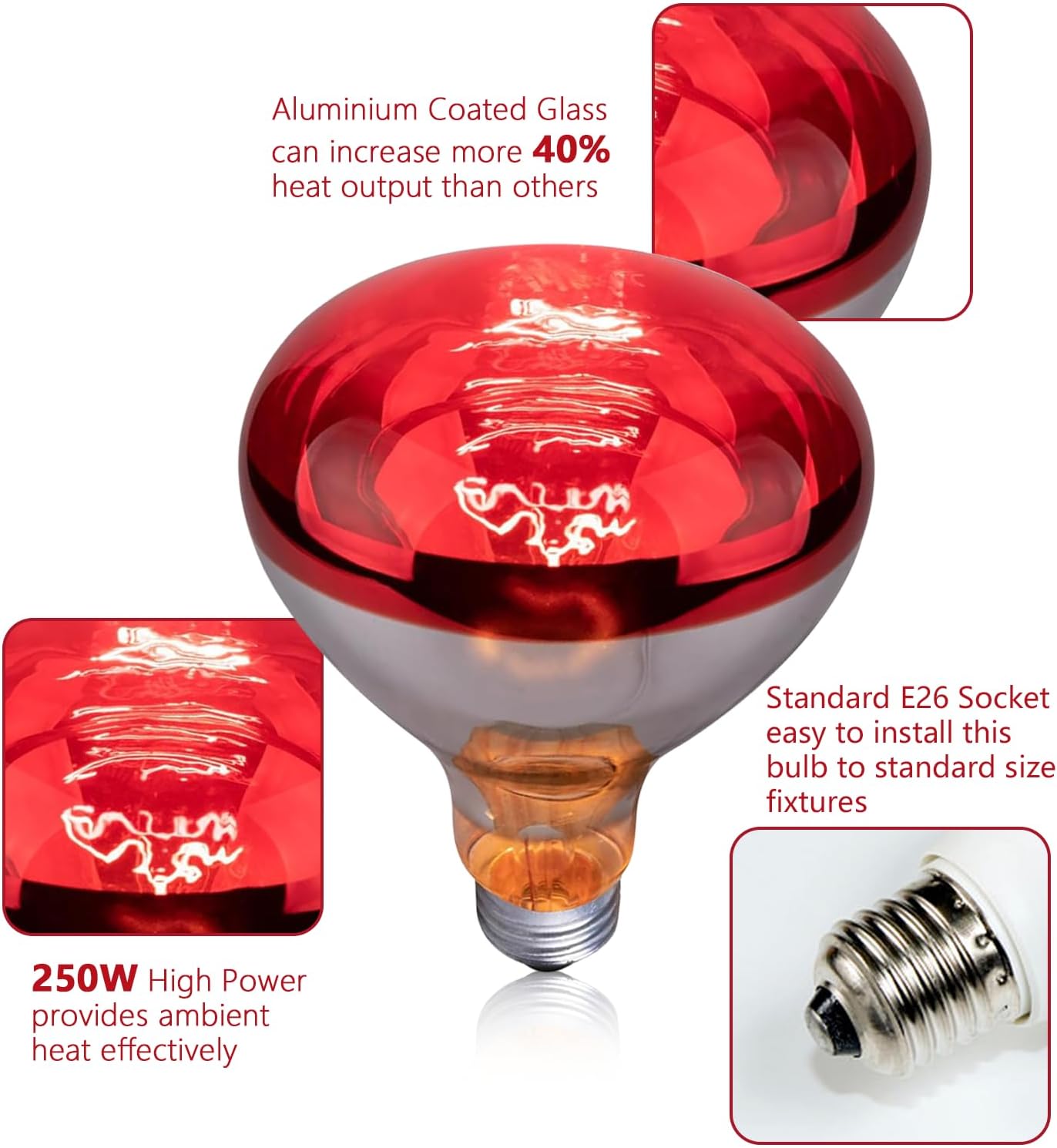 250W R40 Infrared Heat Lamp Bulb for Chicken Brooder, Pets, Reptiles, Bathroom & Sauna, E26 120V, 2000Hrs Red Light Therapy, 1-Pack