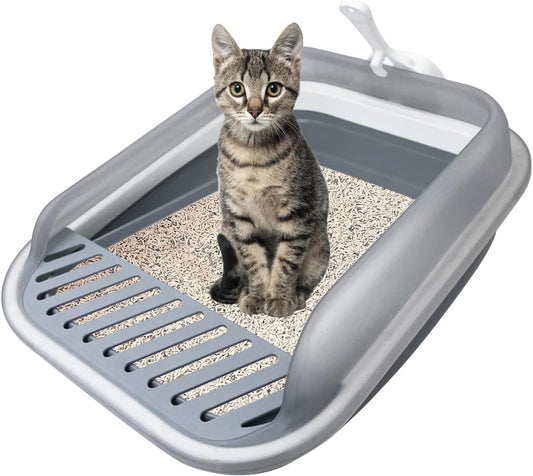VCEPJH Collapsible Litterbox with High Sides Small Cats Litter Pan with Scoop Open Cat Litter Box Portable Travel Kittens Toilet Kitten Starter Kit for Kittens Adult and Elderly Cats (Grey)