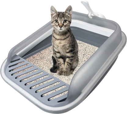 VCEPJH Collapsible Litterbox with High Sides Small Cats Litter Pan with Scoop Open Cat Litter Box Portable Travel Kittens Toilet Kitten Starter Kit for Kittens Adult and Elderly Cats (Grey)