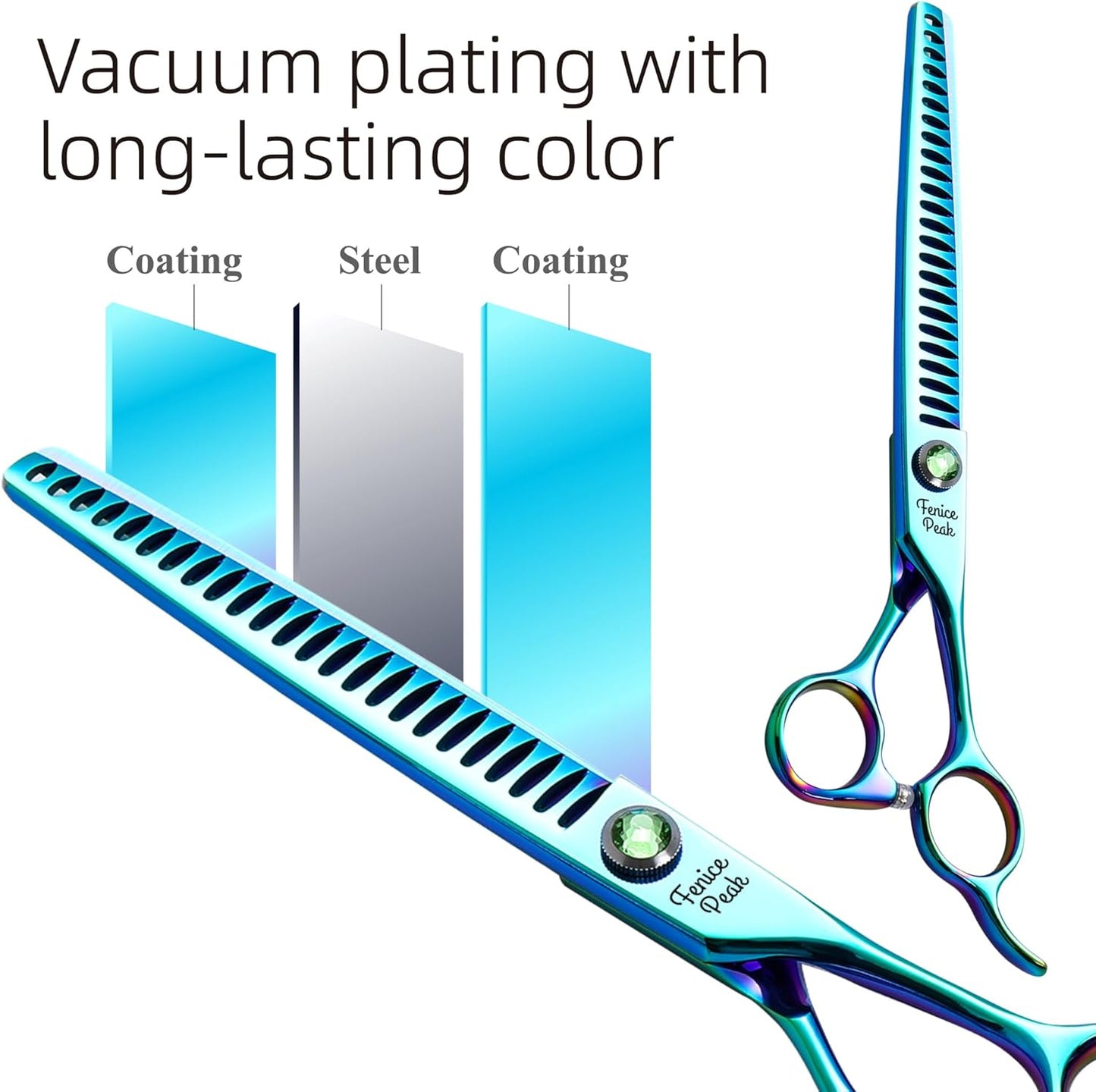 Fenice Peak 7.5'' Green Chunker Dog Grooming Scissors Pet Shears with Ergonomic Offest Handle and Simulated Emerald Screw 440C Grooming Scissors Trimming Shears Durable and Sharp