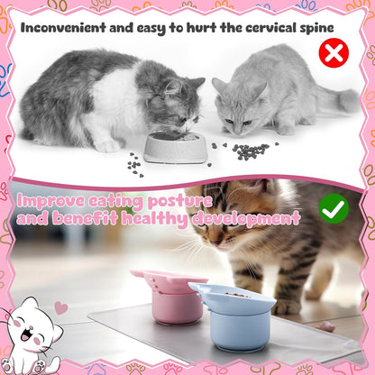 2 Pack Pink, Blue Slow Feeder for Cat Bowls, Silicone Tilted Raised Pet Bowl with Non Slip Base for Digestion Anti Vomit
