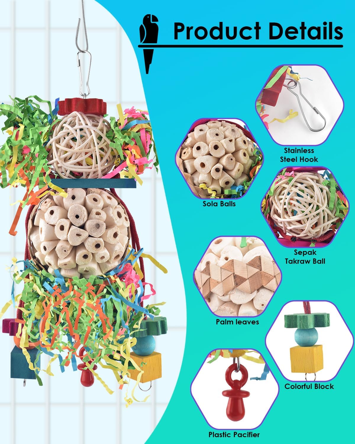 Bissap 2PCS Bird Parrot Foraging Shredder Hanging Toys Sola Balls Sepak Takraw with Pacifier for Small Parrots Parakeets Conures Cockatiels Love Birds Cage Toy