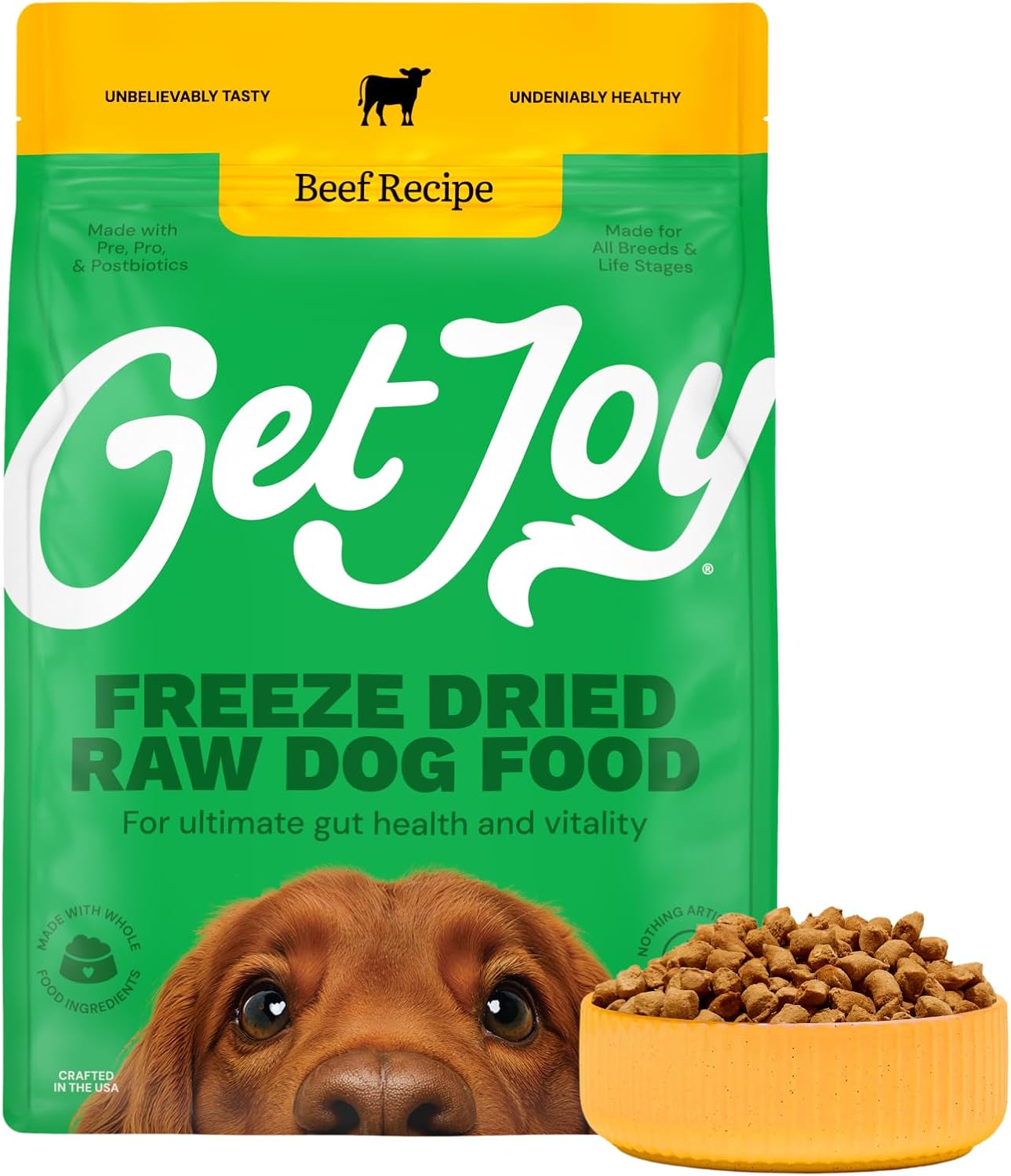 Get Joy Freeze Dried Raw Beef Meal, High Protein Grain Free, Dry Dog Food Meal Mixer and Topper, with Probiotics for Gut Health, Made with 100% USDA Organ Meat, for All Breeds and Ages, 16oz Bag