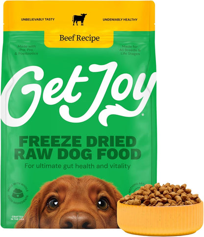 Get Joy Freeze Dried Raw Beef Meal, High Protein Grain Free, Dry Dog Food Meal Mixer and Topper, with Probiotics for Gut Health, Made with 100% USDA Organ Meat, for All Breeds and Ages, 16oz Bag
