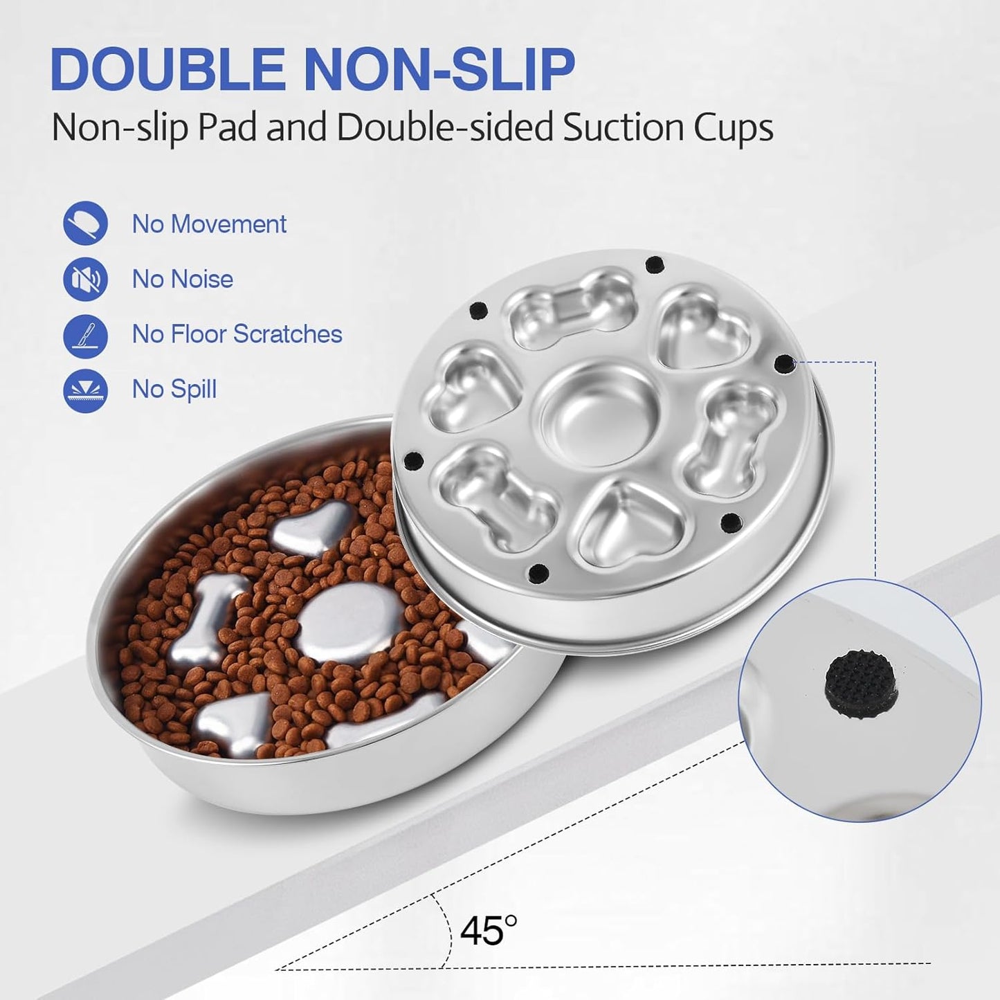 Slow Feeder Dog Bowls, Stainless Steel with Non-Slip Rubber Base Metal Bowl, 4 Cups Large Capacity Slow Feed for Small, Medium, Large Breed Dogs