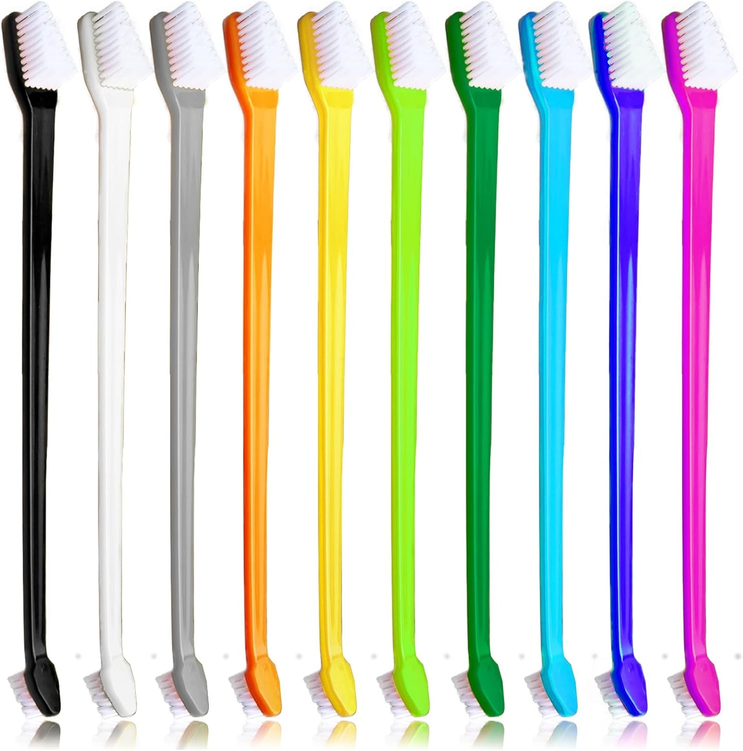 Dog Toothbrush Set of 10 - Dual Headed Tooth Brushes for Small to Large Dogs, Cat, Puppy, Kitten & Most Pet, Double Sided Teeth Cleaning Bulk Kit with Soft Bristles Long Handle, 10 Colors