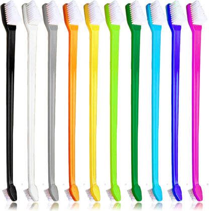 Dog Toothbrush Set of 10 - Dual Headed Tooth Brushes for Small to Large Dogs, Cat, Puppy, Kitten & Most Pet, Double Sided Teeth Cleaning Bulk Kit with Soft Bristles Long Handle, 10 Colors