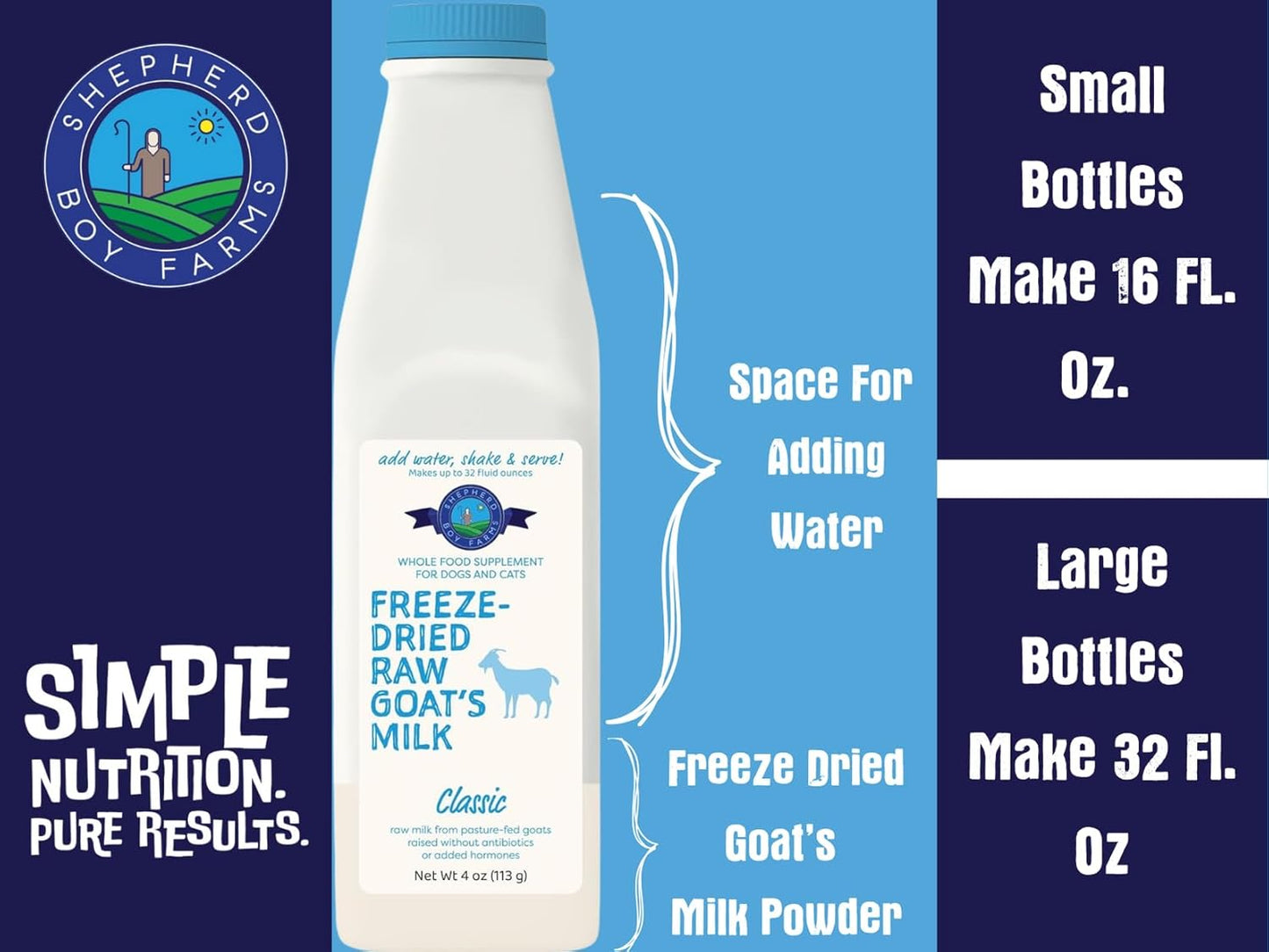 Shepherd Boy Farms Freeze Dried Raw Goats Milk with Probiotics for Dogs & Cats (Super Greens), Organic USA Veggies & Fruits, High Protein, Digestible Goat Milk Powder, Food Toppers - Makes 32 FL OZ