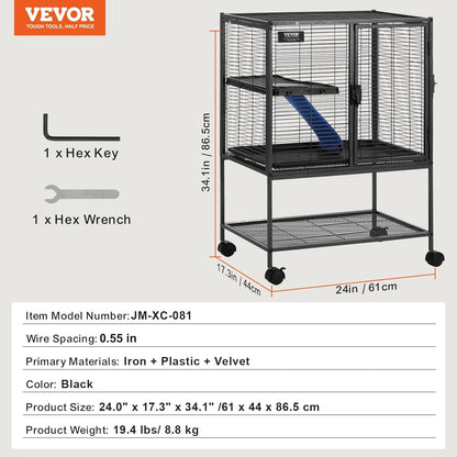 VEVOR 34" Rolling Metal Ferret Cage, Large 2-Tier Critter Nation Cage, Small Animal Cage with Ramps & Tray, Easy to Set up for Pet Mice, Hamster, Guinea Pig, Chinchilla, Squirrel, Hedgehogs, Bunny