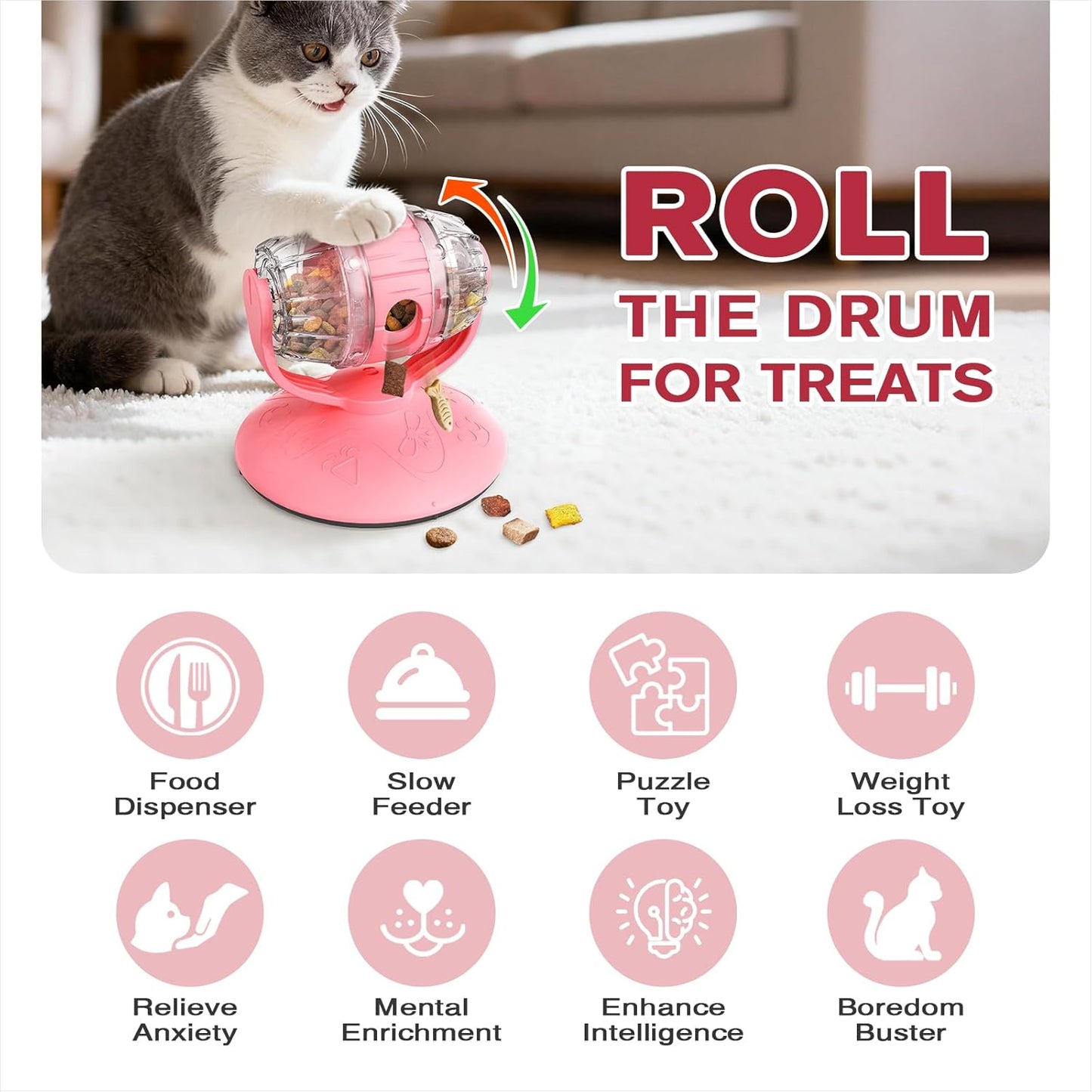 Cat Slow Feeder Toy, Adjustable Difficulty Puzzle Toy with Rotating Lid - Interactive Mental Stimulation Food Dispenser for Indoor Cats, Slows Down Eating for Dry Food & Treats (Pink)