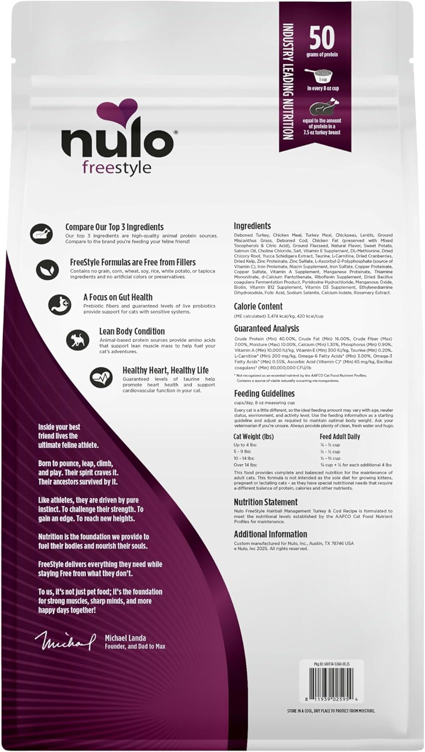 Nulo Freestyle Cat Food, For Hairball Management, Premium Grain-Free Dry Small Bite Kibble, All Natural Animal Protein Recipe with BC30 Probiotic for Digestive Health Support, 14 Pound (Pack of 1)