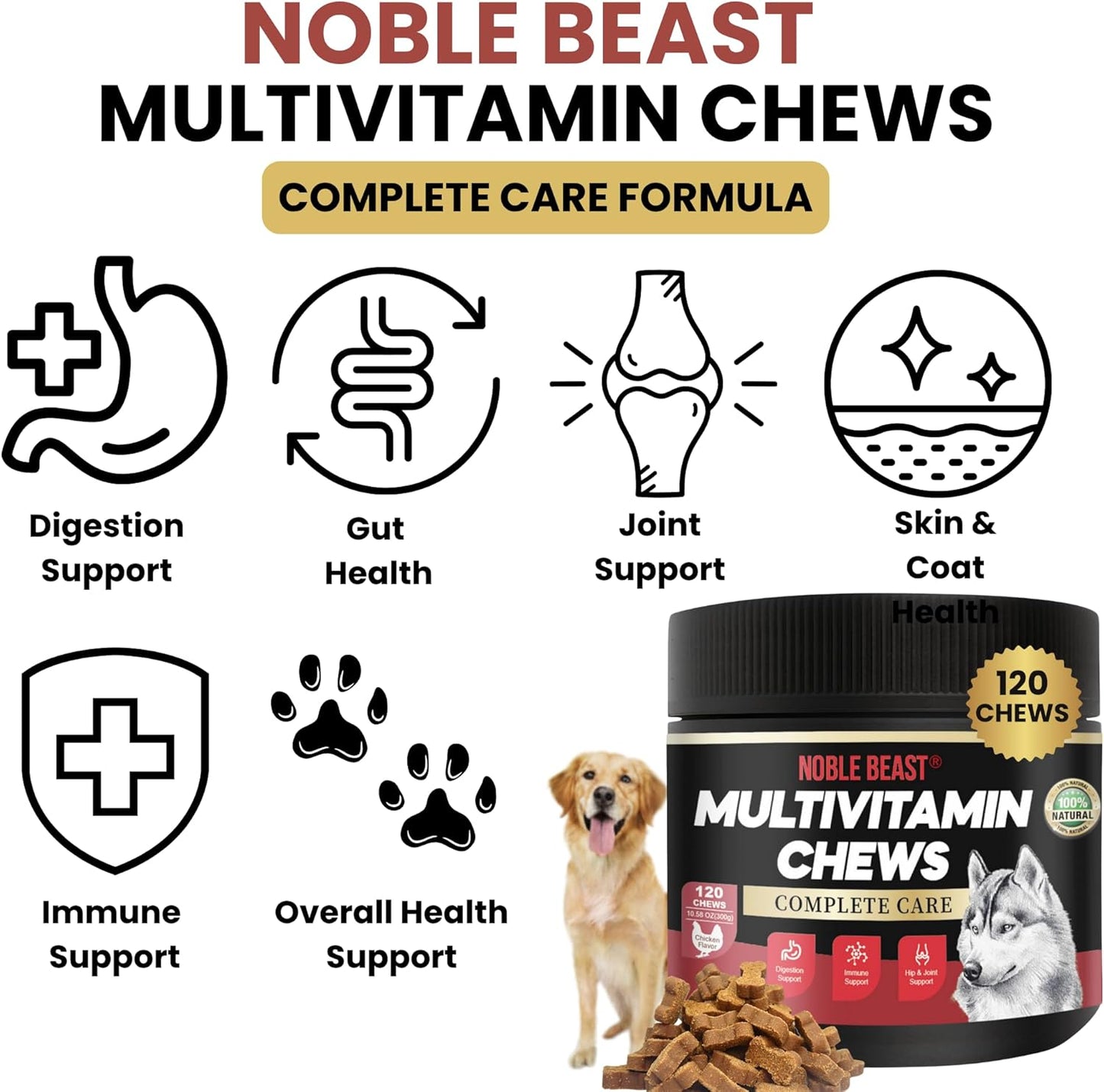 Noble Beast Dog Multivitamin Supplements, Soft Chews with Probiotics, Glucosamine Chondroitin Joint Support, Digestive Enzymes, Immune Support Vitamins for Skin & Coat, Chicken Flavor - 120 Count